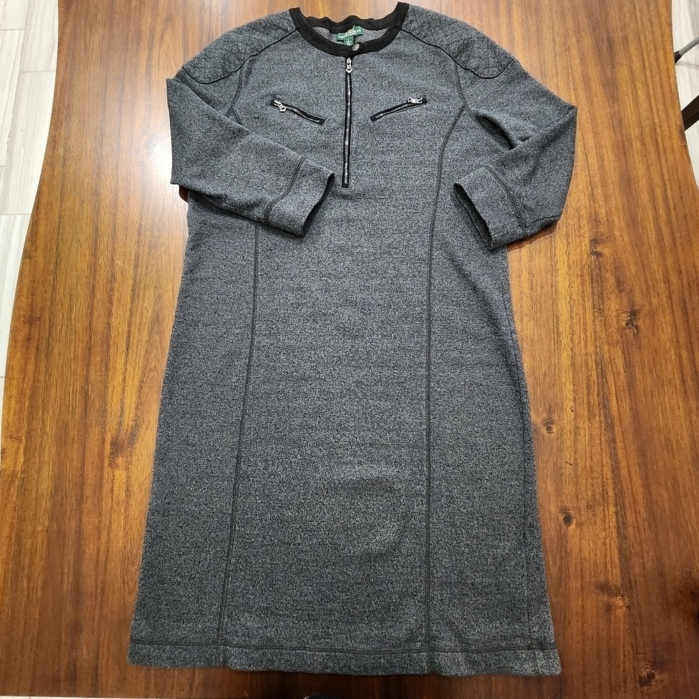 Lauren Ralph Lauren Cotton Sweatshirt Mini Dress Black Gray 3/4 Sleeve Pockets L